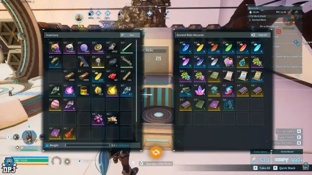 Palworld Ancient Relic Recycler build cost shown in the Technology menu