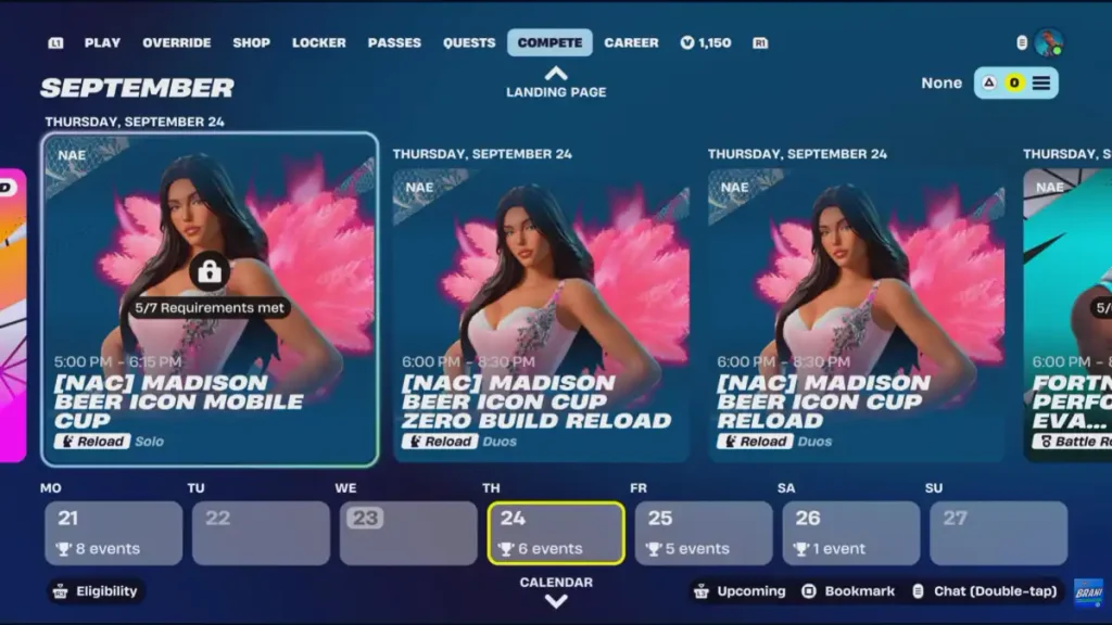  Fortnite Compete tab showing the Madison Beer Icon Cup