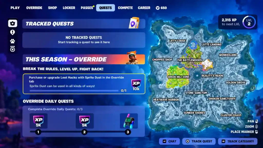 Fortnite Override tab showing the Loot Hacks menu