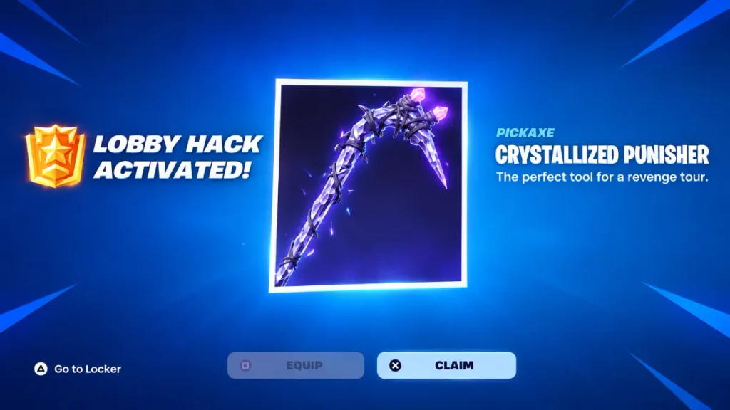 Crystallized Punisher Pickaxe reward confirmation in Fortnite.