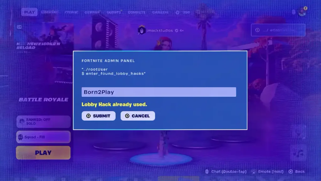 Fortnite Admin Panel showing the field used to enter Sprite reward codes