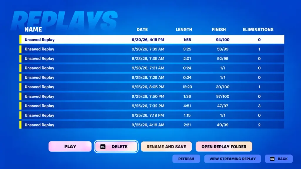 Fortnite Career menu with the Replays option