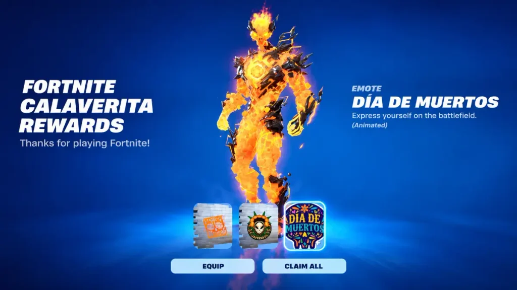  Claim screen for Fortnite’s free Day of the Dead cosmetics.