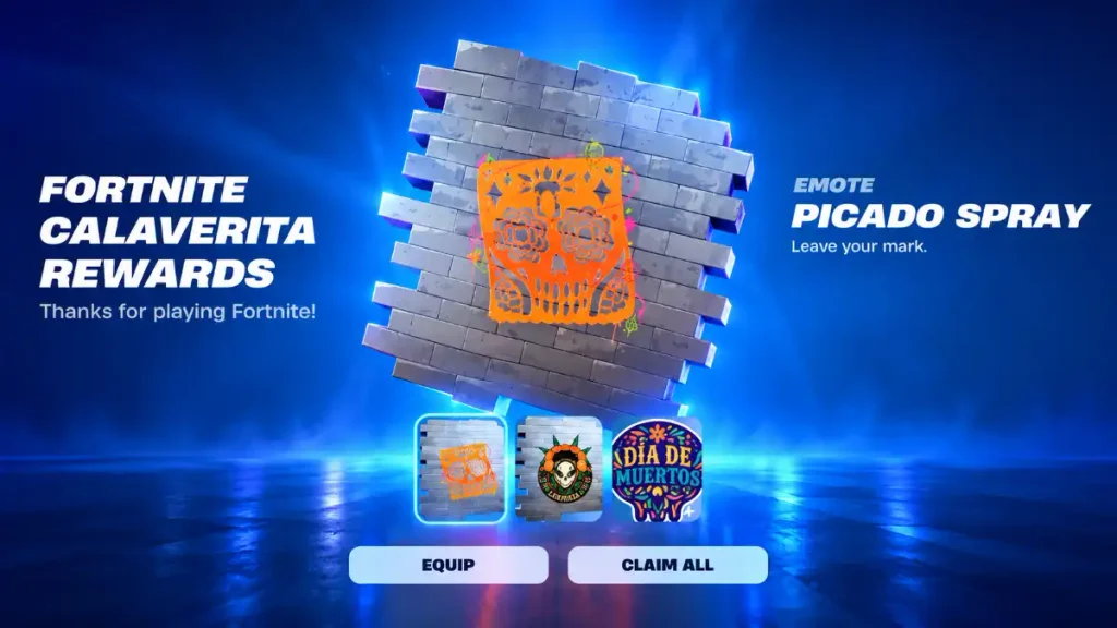  Fortnite Day of the Dead rewards featuring two sprays and an emoticon