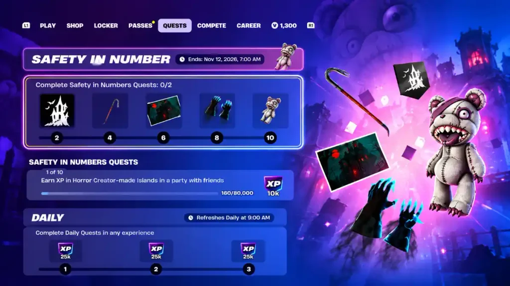 Fortnite quest requiring XP in horror Creative islands while in a party with a friend.