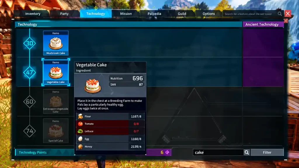 Palworld Cake descriptions showing egg output, stat growth, mutations, and passive inheritance
