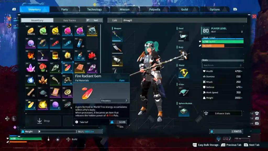 Inventory menu showing how to awaken Pals in Palworld with an Awakening Crystal