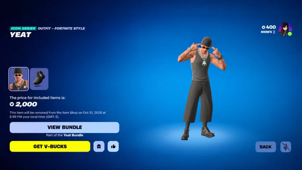 Yeat skin in Fortnite with its Item Shop purchase price