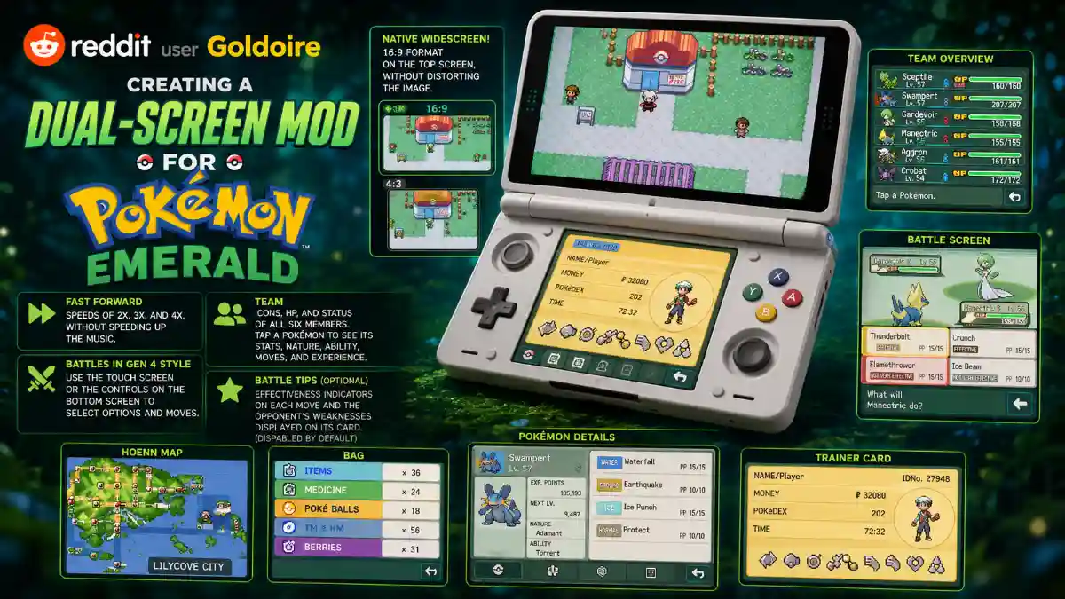 Pokémon Emerald Dual-Screen Mod Brings a Nintendo DS-Style Upgrade to Hoenn