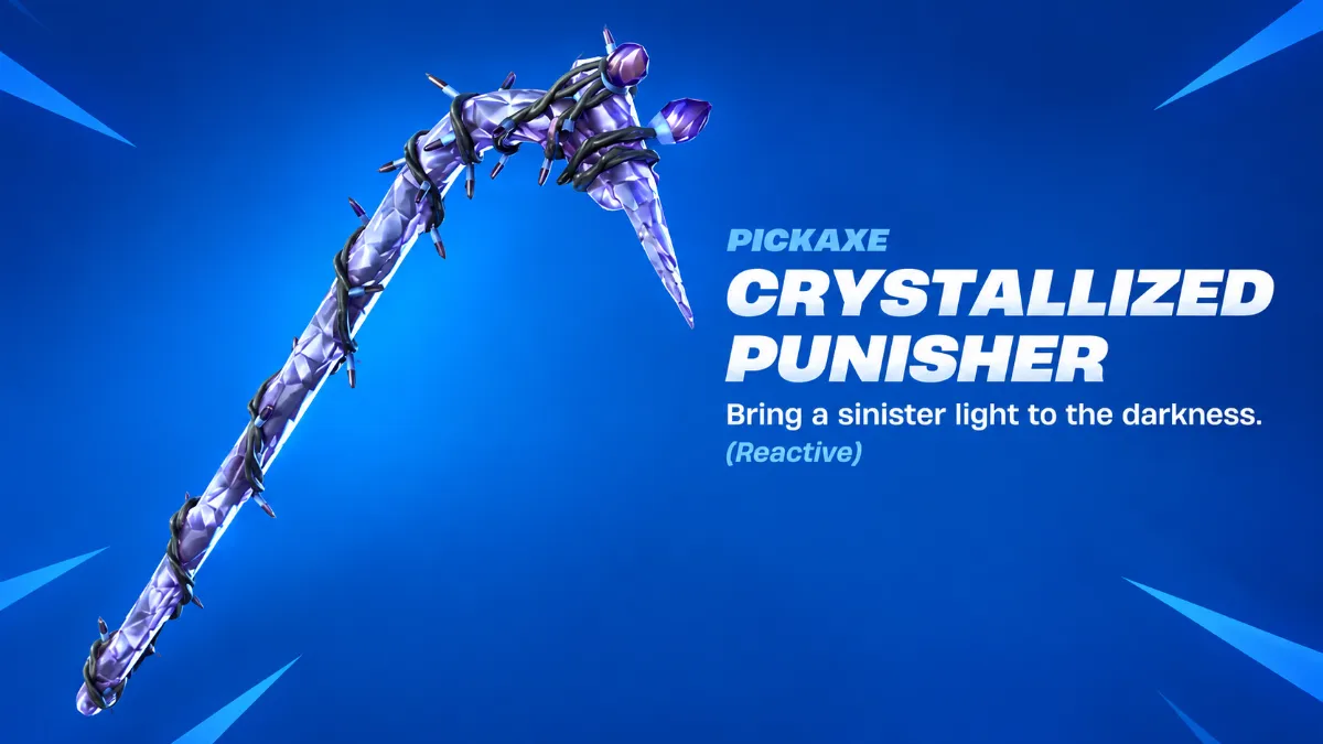 Crystallized Punisher Pickaxe and its reward requirement in Fortnite.